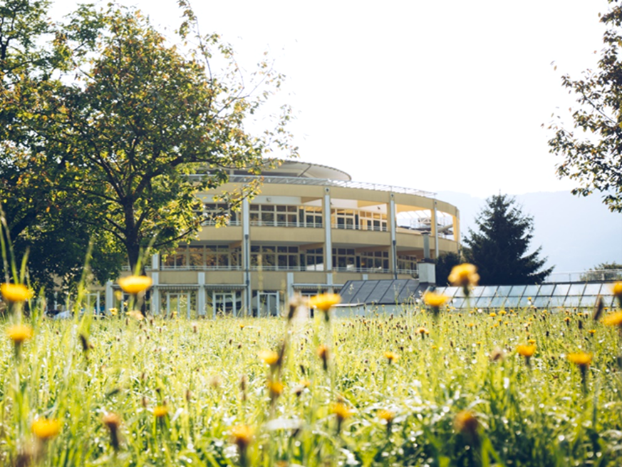 Beispiel klimafreundliche Gesundheitseinrichtung mit großer Fensterfassade, umgeben von Bäumen und einer blühenden Wiese – Symbol für Nachhaltigkeit im Gesundheitswesen.