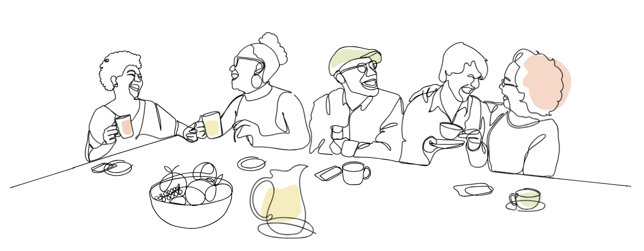 Illustrierte Menschen unterhalten sich an einem Tisch