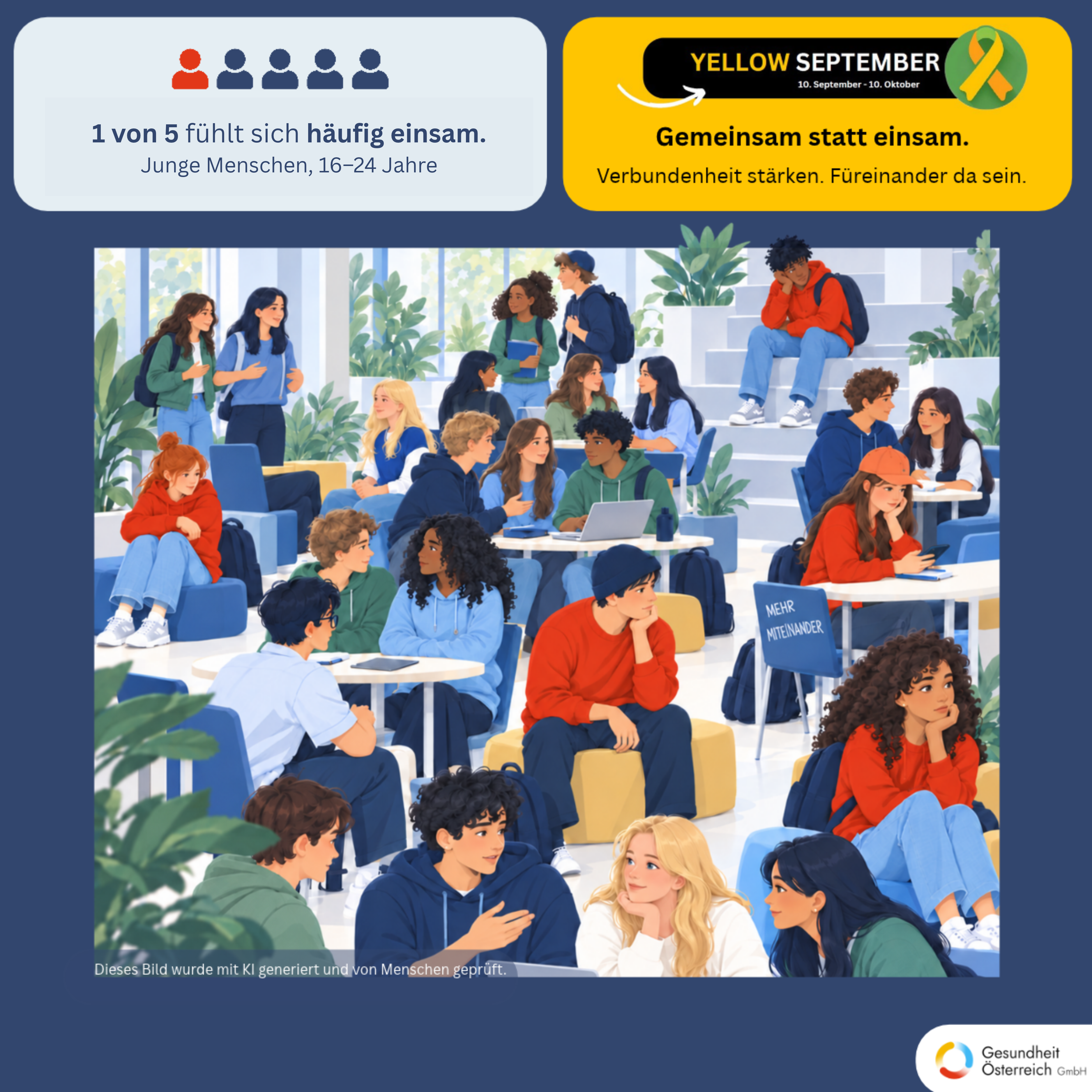 Yellow September – Gemeinsam statt einsam: 1 von 5 Jugendlichen fühlt sich oft einsam. Illustration zeigt Jugendliche, die sich in Gruppen unterhalten oder allein sitzen.