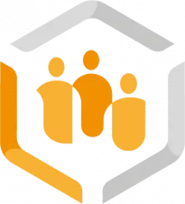 Drei Personen in orange, die das Logo des Kompetenzzentrums symbolisieren.
