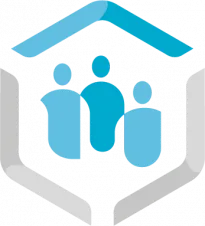 Drei Personen in blau, die das Logo des Kompetenzzentrums symbolisieren.