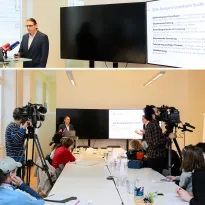 Pressekonferenz zur Drogensituation in Österreich – Präsentation aktueller Daten durch Martin Busch, begleitet von Medienvertreter:innen und Kamerateams.