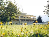 Beispiel klimafreundliche Gesundheitseinrichtung mit großer Fensterfassade, umgeben von Bäumen und einer blühenden Wiese – Symbol für Nachhaltigkeit im Gesundheitswesen.