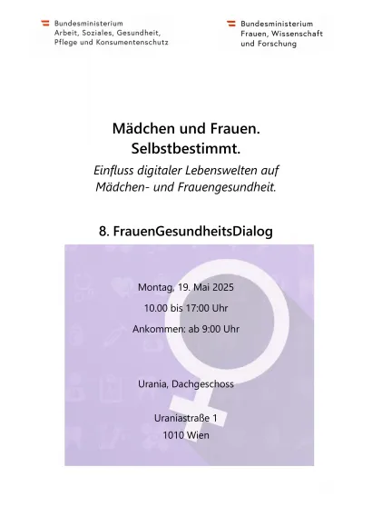 Einladung zum 8. FrauenGesundheitsDialog am 19. Mai 2025 in Wien: Digitale Lebenswelten und ihre Auswirkungen auf Frauengesundheit.