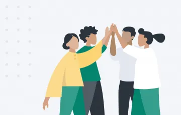 Illustration von vier Personen, die sich im Kreis die Hände geben – symbolisiert Teamwork und Zusammenarbeit.