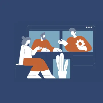 Illustration von drei Personen im Gespräch in einem Online-Meeting, ergänzt durch ein Pflanzensymbol.