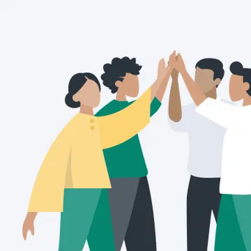 © Mariella Drechsler Illustration von vier Personen, die sich im Kreis die Hände geben – symbolisiert Teamwork und Zusammenarbeit.