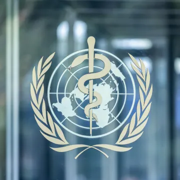 Das Logo der Weltgesundheitsorganisation (WHO) an einer Glastür: Ein stilisierter Äskulapstab vor einer Weltkarte, umrahmt von zwei Olivenzweigen – Symbol für globale Gesundheitskooperation.