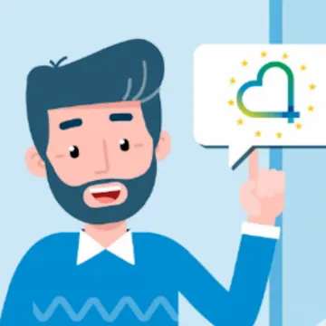 © VerVieVas GmbH Mann zeigt auf eine Sprechblase, in der ein Herz zu sehen ist. Comic.