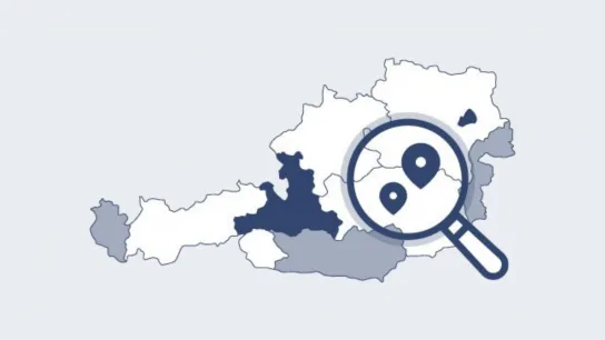 © GÖG Österreich-Karte mit hervorgehobenen Regionen und Lupe mit Standortmarkierungen.