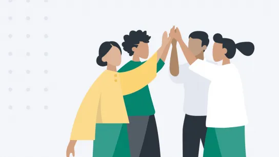 © Mariella Drechsler Illustration von vier Personen, die sich im Kreis die Hände geben – symbolisiert Teamwork und Zusammenarbeit.