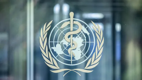 Das Logo der Weltgesundheitsorganisation (WHO) an einer Glastür: Ein stilisierter Äskulapstab vor einer Weltkarte, umrahmt von zwei Olivenzweigen – Symbol für globale Gesundheitskooperation.