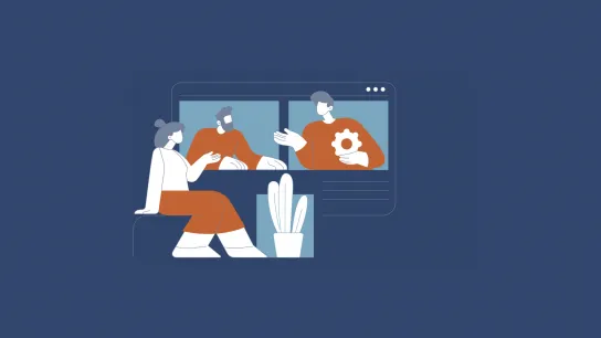 Illustration von drei Personen im Gespräch in einem Online-Meeting, ergänzt durch ein Pflanzensymbol.