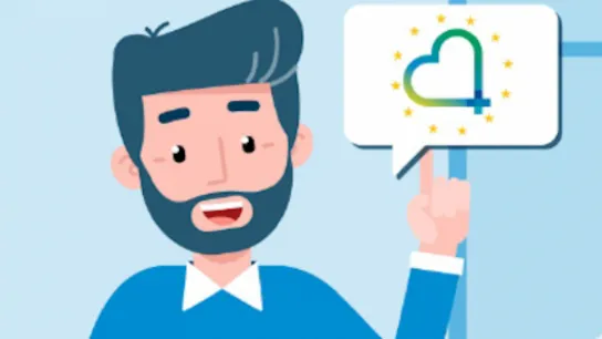 Mann zeigt auf eine Sprechblase, in der ein Herz zu sehen ist. Comic.