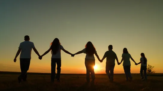 Sechs Menschen gehen bei Sonnenuntergang Hand in Hand über ein Feld. Das Bild steht für Gemeinschaft und soziale Verbundenheit.