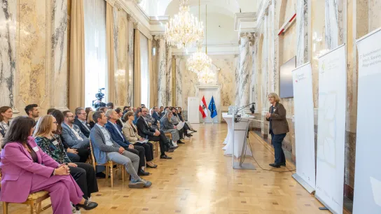 Podiumsdiskussion beim Best Practice Award „Klimafreundliche Gesundheitseinrichtungen“ 2026. Fünf Personen diskutieren an Stehtischen vor einem sitzenden Publikum im Festsaal des Gesundheitsministeriums. Eine Teilnehmerin spricht ins Mikrofon, die Diskussion wird gefilmt.